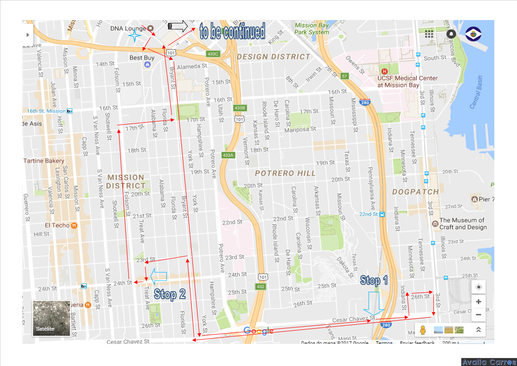 Caminho percorrido pelo carro em Dogpatch e Mission District