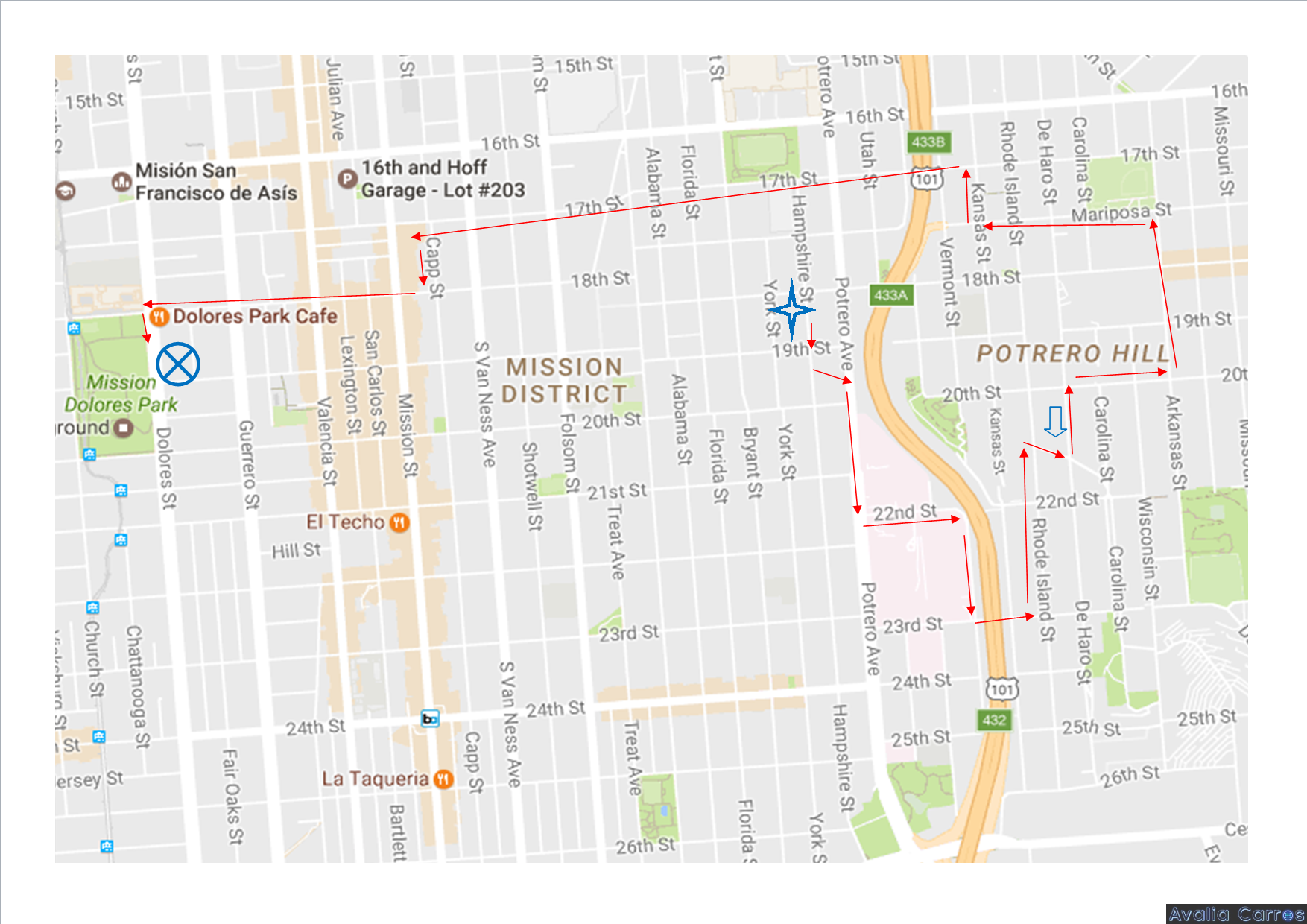 Caminho percorrido pelo carro em Hayes Valley 